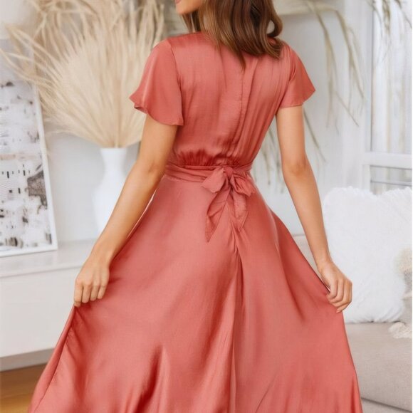 High-Low Plunge Flutter Sleeve Dress | Formal Fit & Flare Dress - Picture 7 of 9